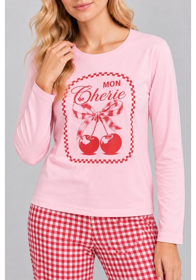 Pijamask Kadın Pembe Kiraz Baskılı Kırmızı Ekose Bol Paça Pamuklu Pijama Takımı Pudra