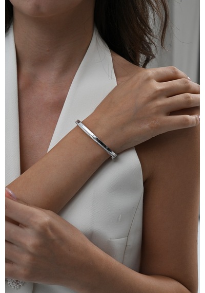 925 Ayar Gümüş Rodyumlu Zirkon Taşlı Çivi Desenli Kelepçe Bilezik Barcode Rose Gold - Gümüş