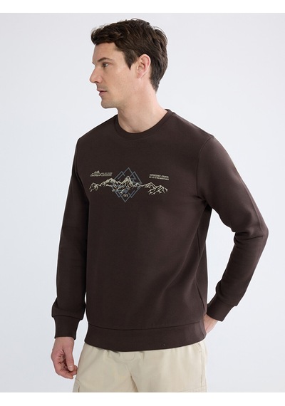 Lcwaıkıkı Classic Kahverengi Bisiklet Yaka Baskılı Erkek Sweatshirt