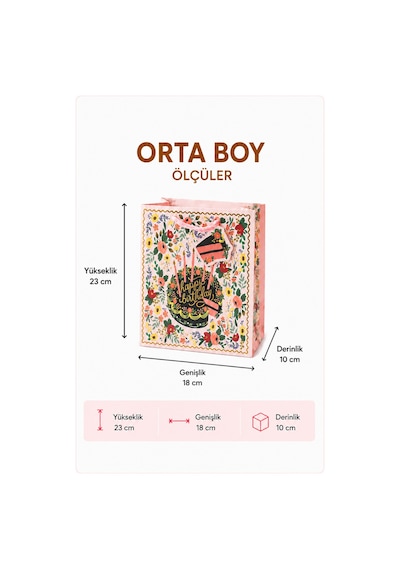 5 Adet 23 X 18 X 10 Cm - Doğum Günü Pastalı Çiçek Desenli Orta Boy Karton Hediye Çantası 3+
