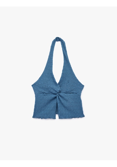 Koton Bürümcük Kolsuz V Yaka Halter Yaka Crop Bluz Mavi 6sal30107ık