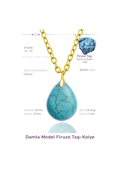 Erilsa Sertifikalı Damla Model Gerçek Firuze Taşı Kolye - 24k Altın Kaplama Mavi - Turkuaz