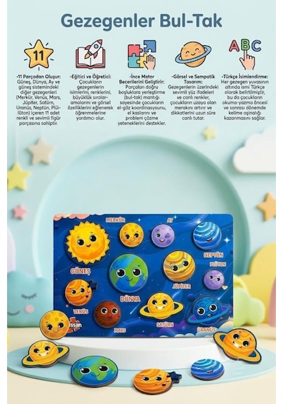 11 Parça Ahşap Bul-tak Gezegenler Eğitici Ve Eğlenceli Uzay Temalı Oyuncak Puzzle