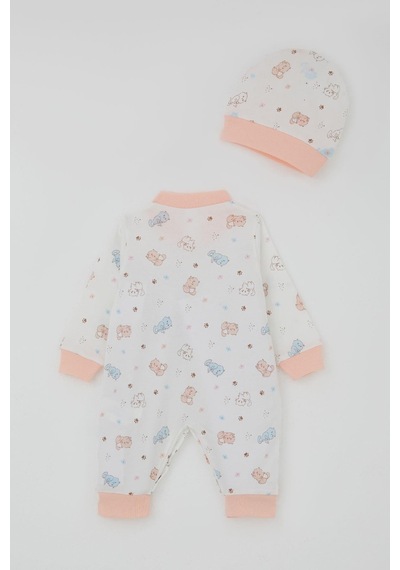Breeze Kız Bebek Tulum Renkli Kedicik Desenli Minnoş Ayaklar 0-6 Ay, Beyaz