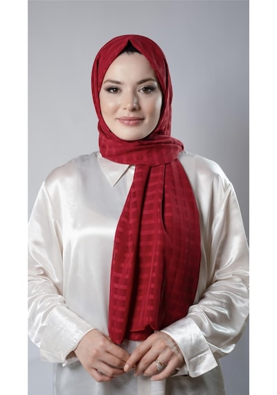 Hürrem Bone Kırmızı Desenli Şal Şifon Kumaş Kareli Çizgili 202107 31 Kırmızı