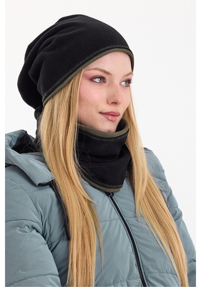Butikgiz Kadın Dış Kısım Polar, İç Kısım Kaşkorse Pamuklu, Çift Renk, Çift Kat, Katlanabilir Bere Boyunluk Set Siyah-haki