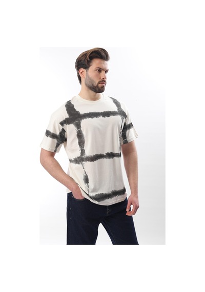 Madmext Ekru Bisiklet Yaka Baskılı Basic Erkek T-shirt E7109 Ekru