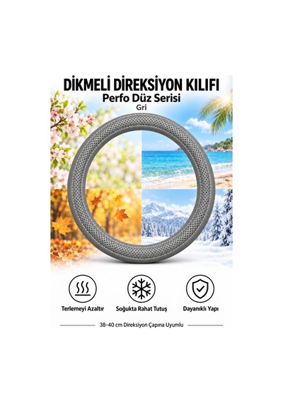 Trobus Mitsubishi L200 2015-2023 Uyumlu Dikmeli Direksiyon Kılıfı Perfo Düz Delikli Deri Gri