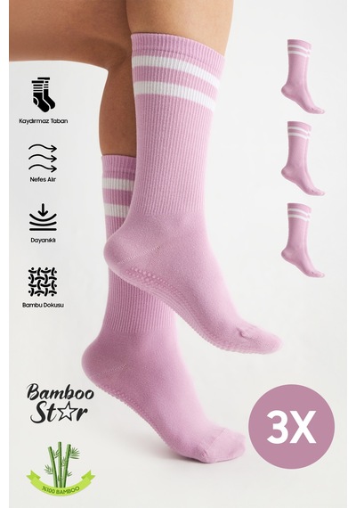 Bamboo Star Bambu Kadın Lila Kaydırmaz Taban Silikon Baskı Yoga Fitness Pilates Bale Dans Tenis Çorabı 3'lü