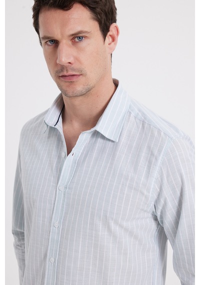 Tudors Erkek Slim Fit Dar Kesim Uzun Kollu %100 Pamuk Keten Doku Çizgili Gömlek-42654 Mint
