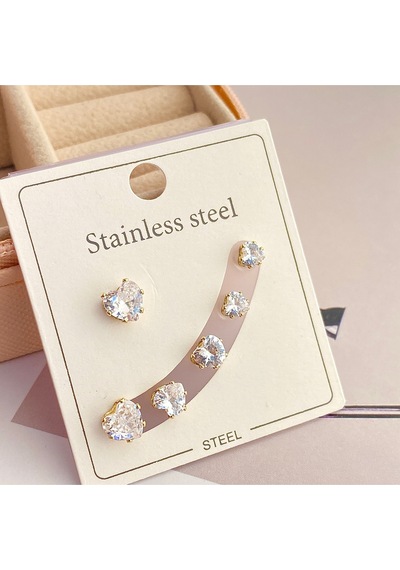 Tektaş Küpe Kalp Model Tektaş Üçlü Set Küpe Kararmaz Çelik Gold