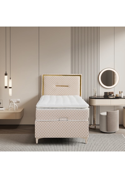 Lina Krem Tek Kişilik Sandıklı Baza + Ortopedik Pedli Yatak + Klapalı Başlık 3 Lü Set 100 x 200 CM
