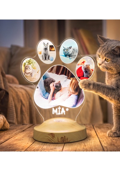 Pati Tasarımlı Kedi Fotoğraflı Led Lamba - İsim Yazılı Kedi Sahibine Doğum Günü Hediyesi