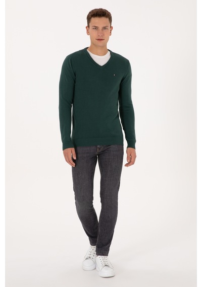 U.S. Polo Assn. Erkek Slim Fit V Yaka Koyu Yeşil Basic Kazak 50313668-VR079