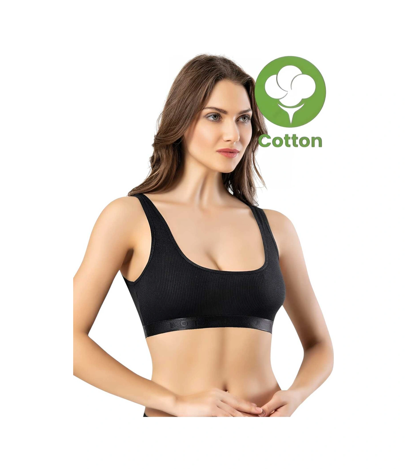 Tezzgelsin Kadın 3'lü Geniş Askılı Penye Kaşkorse Kumaş Pedli Crop Büstiyer Sütyen Siyah