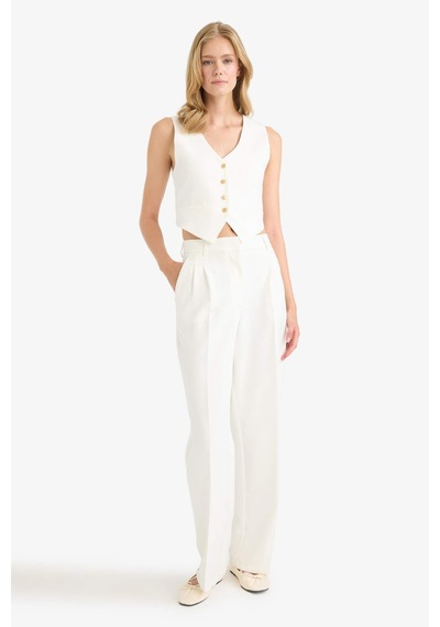 Defacto Crop V Yaka Keten Karışımlı Blazer Yelek C7798ax25smer105 Ekru