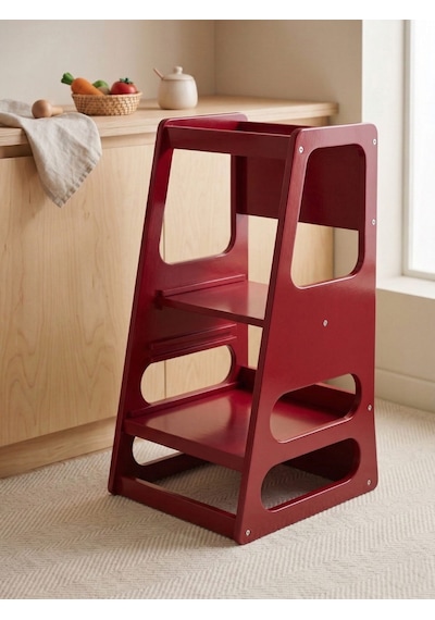 Kaidan Crimson Red Renk Çocuk Öğrenme Kulesi-etkinlik Kulesi Ayarlanabilir Basamaklı Doğal Mdf