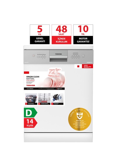Toshiba  DW-14F7ME W TR 72 Derece Hijyen Pro 8 Programlı 14 Kişilik Bulaşık Makinesi Beyaz