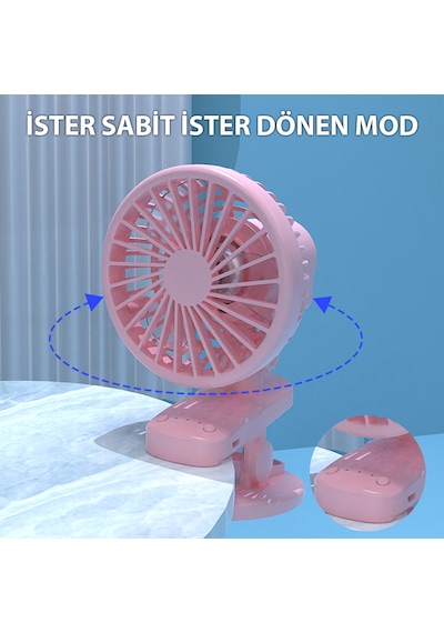 3 Kademe Şarjlı Mandallı 120 Taşınabilir Fan Vantilatör F02 Pembe