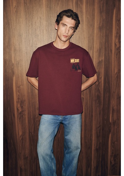 Grimelange Dukı Erkek Bisiklet Yaka Organik Pamuklu Baskılı Oversıze Bordo T-shirt