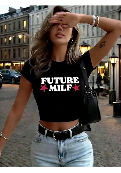 Tarzsokak Gelecek Milf Mektup Baskı Bayan Babby Teet-shirt Yaz Yumuşak Yüksek Elastik Üstler Y2k İnce Sokak Siyah