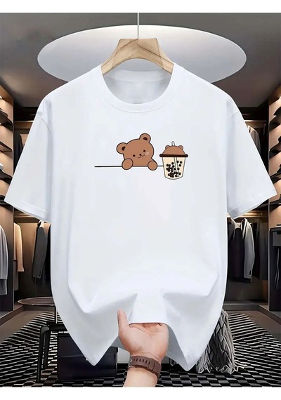 Bear Bubble Tea Baskılı Oversize Süprem T-shirt Beyaz-283040
