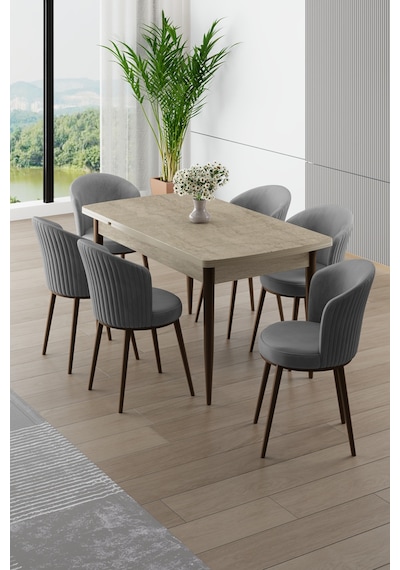 Canisa Asfel Serisi Mdf 77x130 Traverten Yandan Açılabilir Mutfak Masası Takımı 6 Gri Sandalye Traverten Masa Gri Sandalye Canisa Asfel Serisi Mdf 77x130 Traverten Yandan Açılabilir Mutfak Masası Takımı 6 Gri Sandalye Traverten Masa Gri Sandalye