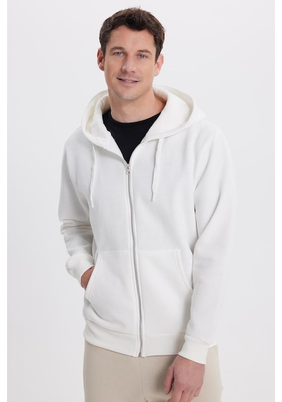 Tudors Unisex Relax Fit Rahat Kesim Pamuklu İçi Polarlı Çift Cepli Tam Fermuarlı Beyaz Kapüşonlu Sweatshirt-41646 Beyaz