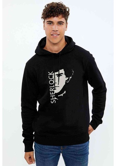 Sherlock Sherlock & Face Baskılı Siyah Erkek Kapşonlu Sweatshirt