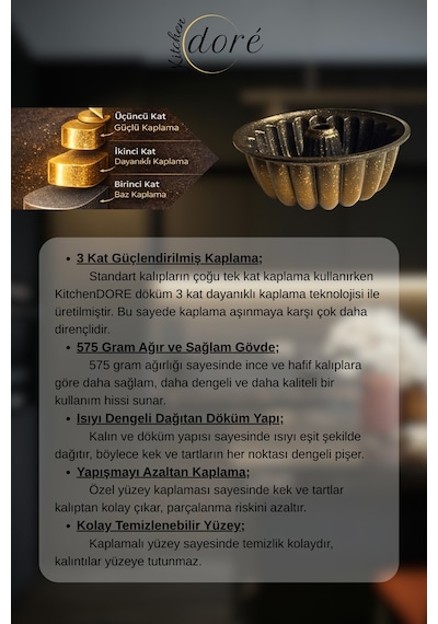 Dilimli Kek Kalıbı Royal Gold Kalın Döküm Üç Katmanlı Kaplama 575 Gram Altın