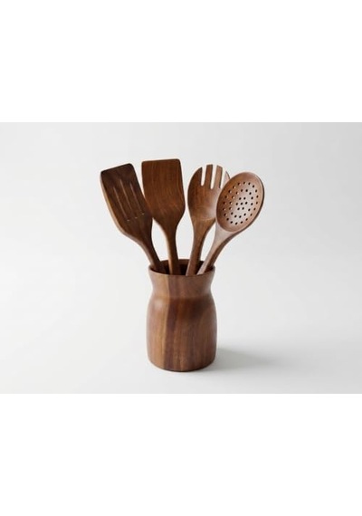 Premium Akasya Ağacı Mutfak Gereçleri Seti - 4 Parça Kaşık/spatula Seti Ve Şık Ahşap Tutucu - Gıdayla Temasa Uygun, Doğal Ve Antibakteriyel - Mutfak İçin Ergonomik Tasarım 0