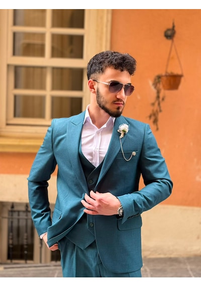 Dupont Classics Dupont Erkek Slim Fit 6 Drop Çift Yırtmaç Yelekli Takım Elbise Turkuaz