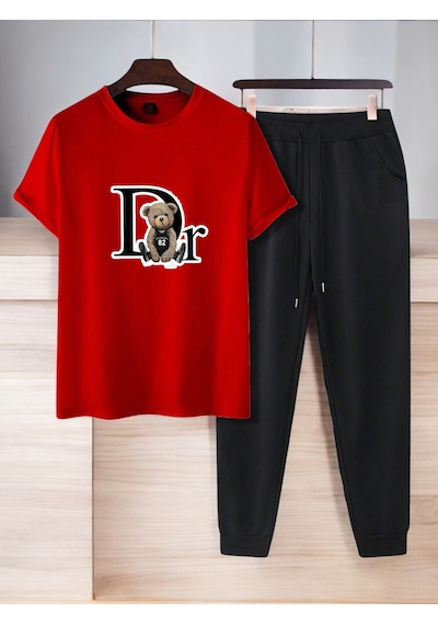 Uyguntarz Unisex Dr: Ayı Tasarım Basklı Tshirt Eşofman Takımı Kırmızı