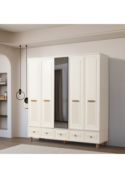 Lagos 5 Kapaklı %100 Mdf Elbise Dolabı Gardrop 192x54x212 Ekru