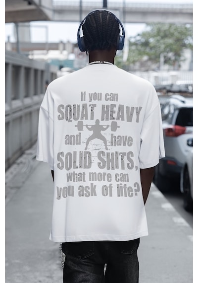 Özel Tasarım Squat Yazılı Sırt Baskılı Unisex Oversize Sporcu Fit Beyaz