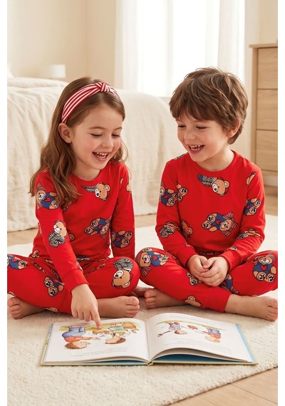 Zuzunga Unisex Kırmızı Renk Ayıcık Desenli Uzun Kollu Pijama Takımı