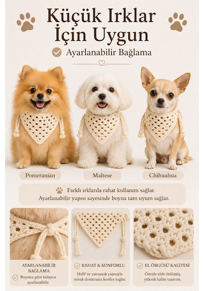 Kadın & Köpek Kombin El Örgüsü Minik Dost Bandana Seti Ayarlanabilir Evcil Hayvan Sahip Kombini Bohem Tasarım Krem