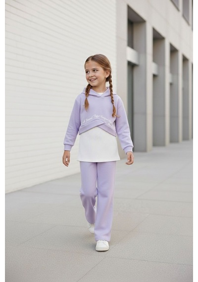 Miniğimin Cicileri Yazı Baskılı Crop Sweatshirt Ve Bol Paça K... Lila