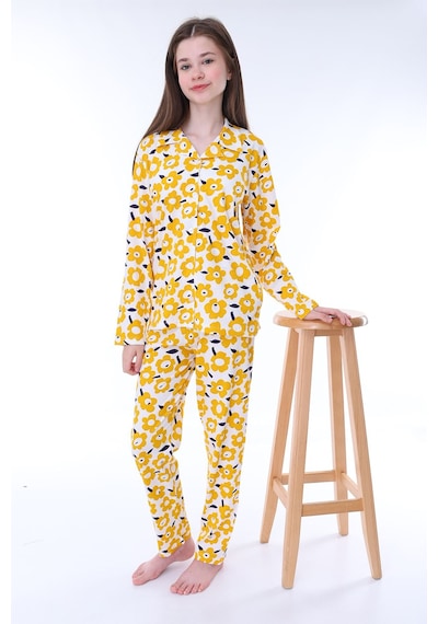 Zuzunga Sarı Papatya Desenli Düğmeli %100 Pamuk Kız Çocuk Pijama Takımı Sarı