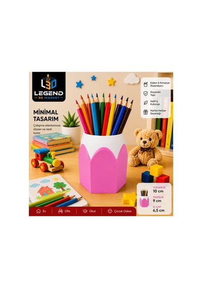 Kurşun Kalem Tasarımlı Renkli Masaüstü Düzenleyici 3d Baskı Çocuklar İçin Eğlenceli Masaüstü Organizer Pembe