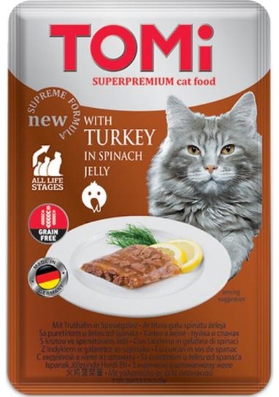 Tomi Hindi Etli ve Ispanaklı Tahılsız Pouch Yetişkin Kedi Maması 100 G