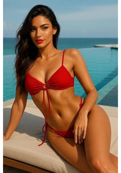 Ang Butik Kadın Kırmızı Siyah Bağcıklı Bikini Takımı