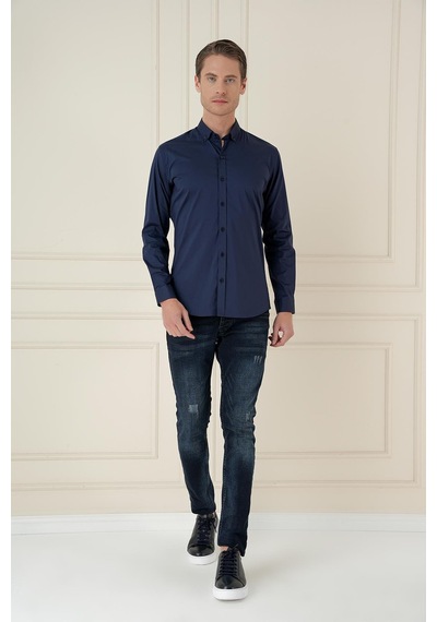 Efor Slim Fit Düğmeli Yaka Esnek Klasik Lacivert Gömlek Gk 746 Lacivert