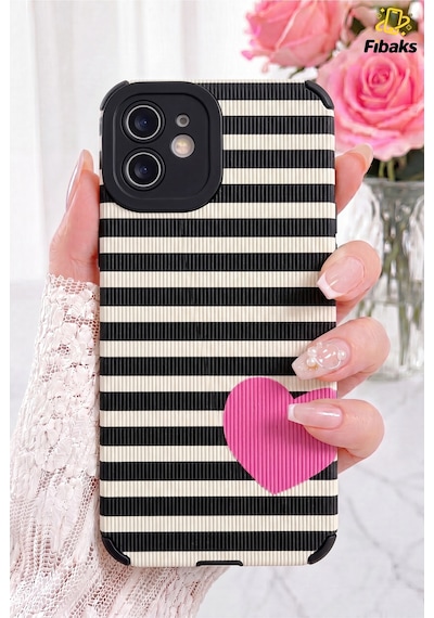 Fibaks iPhone 11 Uyumlu Kılıf Tasarımlı Desenli Kamera Korumalı Siyah Beyaz Zebra Pembe Kalpli Yumuşak Silikon Kap