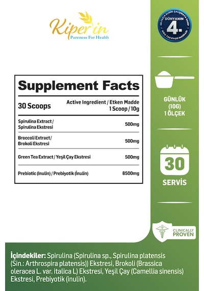 Kiperin Green  Spirulina, Yeşil Çay, Brokoli Eki, Prebiyotik İnülin 30 Günlük