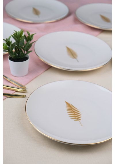 Tabak Evi Porselen Natura Fern Altın Yaldız Pasta Tabağı 20,50cm 6 Lı Çok Renkli
