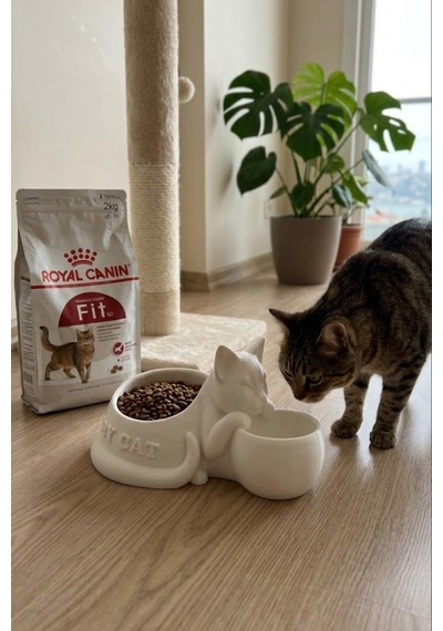 Kedi Figürlü Mama Kabı Çift Hazneli Dekoratif Mama Ve Su Kabı 25 Cm