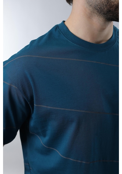 Madmext Petrol Mavisi Bisiklet Yaka Basic Çizgili Erkek T-shirt E7102 Petrol Mavisi