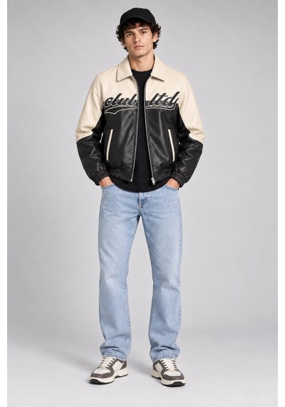 Maison Rae Erkek Siyah, İçi Kürklü, Çift Renkli, Yazı Detaylı,oversize Suni Deri Bomber Ceket