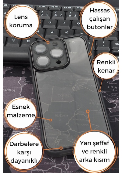 Apple Uyumlu iPhone 12 Pro Uyumlu Siyah Kenarlı Renkli Yarı Şeffaf Kapak Kılıf Kamera Lens Korumalı Siyah -